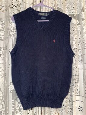 Polo by Ralph Lauren Navy V-Neck Knit Sweater Vest with Pink Pony